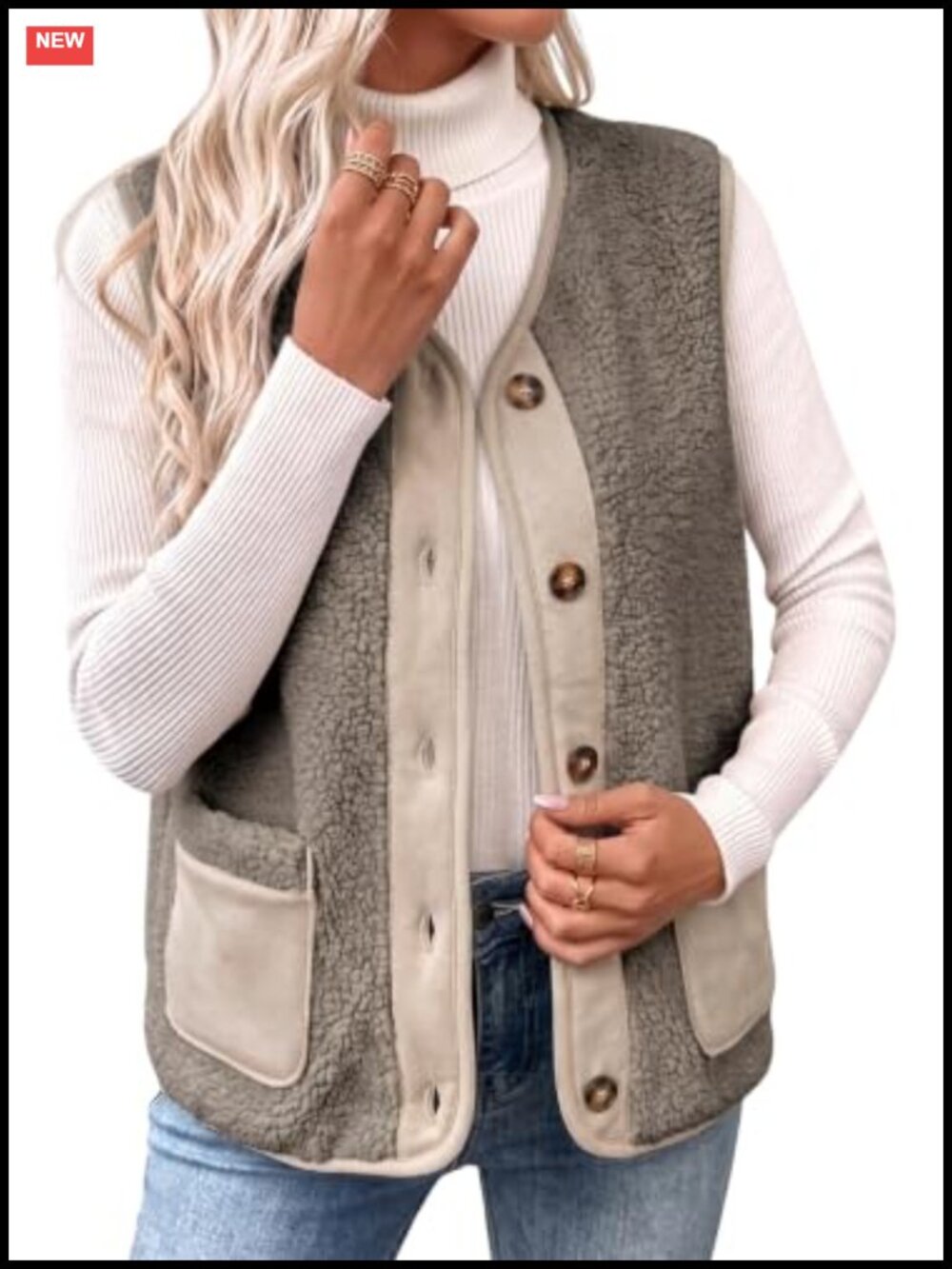 Womens Fleece Vest Sleeveless Sherpa Button Up Gilet Loose Fit